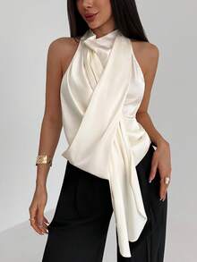 Aloruh Minimalist High-End Neck Hanging Drape Design Collar Fitted Satin Apricot Women Tank Top - Apricot - View 4