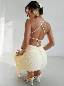 Firerie 女士白色提花串珠系带露背修身开衩连衣裙，性感度假连衣裙，春夏服装，沙滩装，通勤装，优雅，性感，度假，海滩，波西米亚风，夏威夷，音乐节，浪漫，约会装 - 杏色 - 查看 5