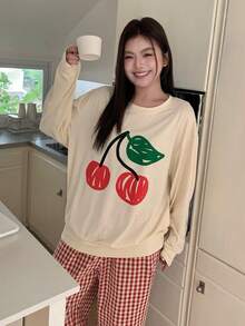 Dazy Plus Conjunto de pijama con parte superior de cuello redondo holgada con estampado de cerezas y pantalones largos a cuadros, ropa de dormir linda - Albaricoque - Ver 4