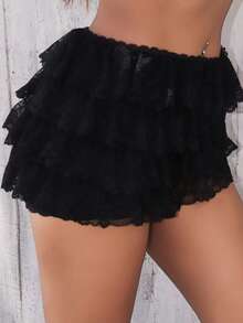 Rayane Ketlyn Solid Color Lace Hem Shorts For Summer - Black - View 6