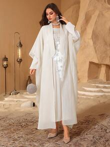 Al Najma Elegant Round Neck Long Sleeve High-End 3D Floral Dress With Attached Sleeve, Spring/Summer Abayas - Apricot - View 2