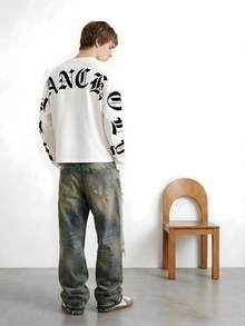 GENIUS ODE Men's Street Style Gothic Letter Print Loose Fit Short T-Shirt - Beige - View 7