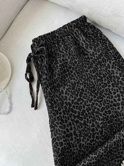 Elamini 新款复古时尚细款豹纹黑色阔腿裤，抽绳松紧腰显瘦直筒裤，休闲百搭，返校季必备