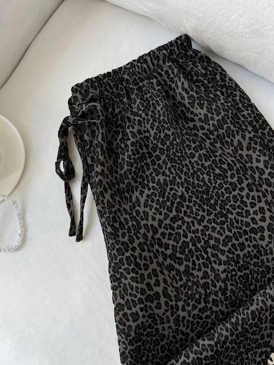 Elamini 新款复古时尚细款豹纹黑色阔腿裤，抽绳松紧腰显瘦直筒裤，休闲百搭，返校季必备