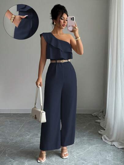 Elenzga Women's Vacation Style Office Commute Beach Party Oblique Shoulder Double Ruffle Waist Straight Leg Loose Jumpsuit, Spring/Summer