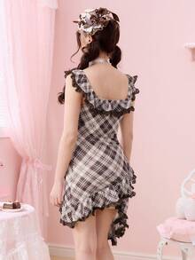 ROMWE Cute Kawaii Sweet School Girl Plaid & Contrast Lace Mini Dress For Women - Multicolor - View 3