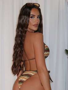 Swim SXY Women's Summer Beach Patchwork Halter Tie Sexy Bikini Swimsuit Set - Multicolor - View 2