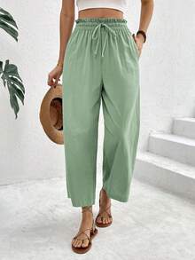 SHEIN Frenchy 女士纯色荷叶边系带腰袋锥形休闲裤 - 薄荷綠 - 查看 9