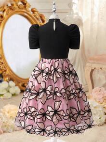 1pc Tween Girls' Black & Pink Jacquard Dress,Puff Sleeve,Faux Pearl Collar,A-Line,Black Floral,Autumn,Elegant,Wedding Guest Party Wear For Teens Girl - Black - View 5