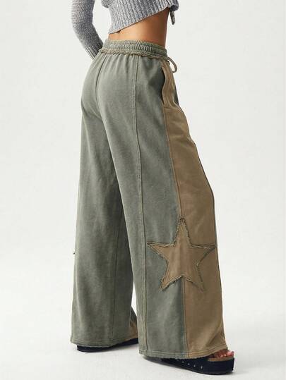 Bohemela Pantalon de survêtement ample et décontracté en tricot lavé avec patchwork, convenant pour l'automne, Halloween, Noël et les festivals de musique