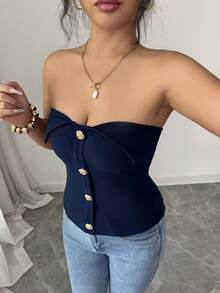 Elenzga Women's Fashionable & Elegant Button Decor Camisole Top, Summer - Navy Blue - View 6