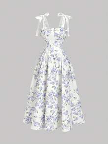 SHEIN MOD Đầm dài họa tiết hoa xanh mộng mơ lãng mạn với nơ buộc – Thích hợp cho tiệc trà ngoài vườn, hẹn hò, dự tiệc, đầm hè và xuân cho nữ, đồ đi biển, kỳ nghỉ xuân, du lịch, dã ngoại, lễ hội, trang phục sinh nhật. - Nhiều màu - Xem 2