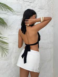 Aloruh 黑色露背度假短款上衣，饰有串珠，Y2K风格无袖背心，女士夏季服装，女士度假套装，夏季服装，女士节日服装，假日服装，乡村风格女士服装，Y2K风格，派对服装 - 黑色 - 查看 3