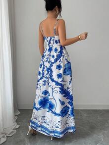 Elenzga Spaghetti Strap Deep V-Neck Twist Design Flared Dress, Blue, Vacation/Bohemian Style - Blue and White - View 2
