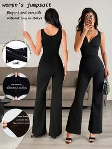 Rafferiza Bộ jumpsuit kiểu Pháp thanh lịch, màu đen trơn, cổ chữ V, chất liệu co giãn, thiết kế đa năng và thời trang, vải mềm mại, phù hợp cho nhiều dịp - hẹn hò/tiệc tùng/quán bar/dạo phố/Halloween/Ngày lễ tình nhân/Sinh nhật/Khách dự đám cưới/Trang phục trang trọng/Buổi hòa nhạc nhạc đồng quê - màu đen - Xem 1