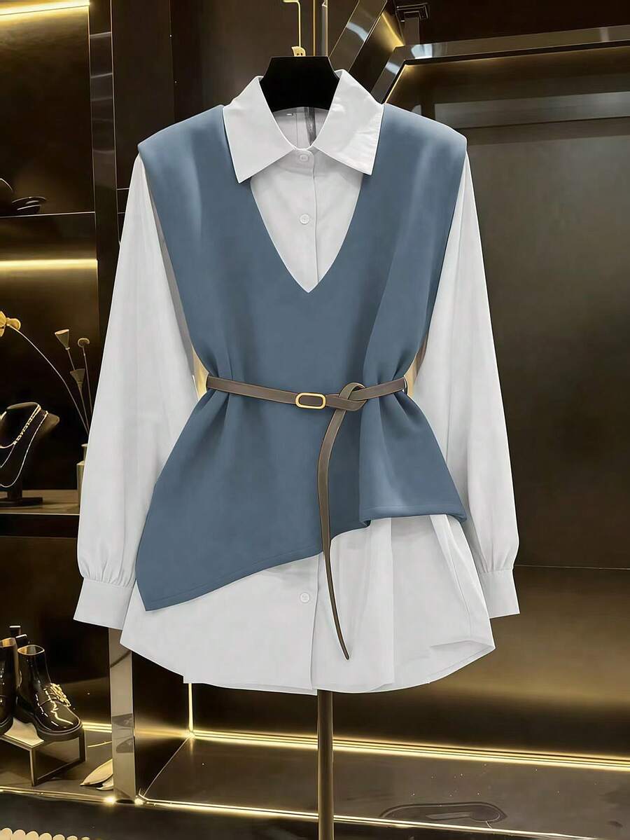 Franclia 2025秋季新品上市：女士二合一夹克衬衫套装，采用巧妙的不对称剪裁、精致的纽扣装饰和可调节腰带，流畅的线条勾勒出纤细的身形，适合办公室通勤、休闲周末和日常外出等各种场合。 - 霧霾藍 - 查看 1