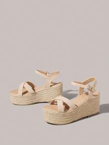 Styleloop 女士编织草绳交叉绑带高跟圆头凉鞋 - 杏色 - 查看 2