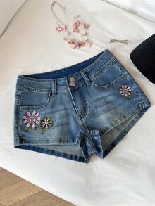 Elamini Quần short denim thêu họa tiết cạp thấp dáng casual dành cho nữ, thích hợp mặc mùa hè. - Rửa nhẹ - Xem 1