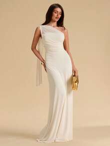 SHEIN BAE 不对称薄纱系带腰连衣裙，优雅沙滩裙，轻盈连衣裙，度假沙滩装 - 杏色 - 查看 3