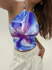 Aloruh Women's Fashion Print Fitted Halter Beaded Cropped Tank Top, Summer Backless - Blue - View 7