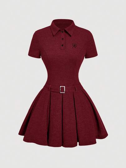 SHEIN MOD Vintage Grey Polo Collar Short Sleeve Dress With Belt - Embroidered Decor, Pleated And Accordion Style, Old Money Aesthetic, Preppy Vibe, 70s Inspired, Sweet And Cute, Perfect For School Wear, Commuting, Parties, And Dates