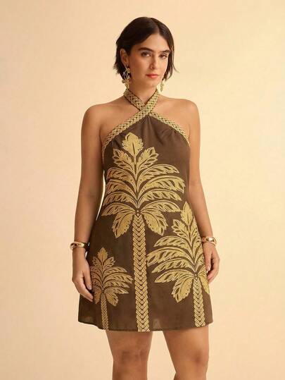 CAJUNI Vestido Casual de Férias com Estampa Tropical e Decote Halter Sem Costas para Mulheres Plus Size