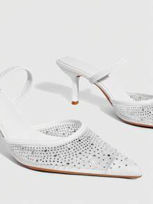 CUCCOO SZL Pointed Toe Backless High Heel White Mesh Rhinestone Elastic Strap Women's Stilettos, Fashionable, Sexy, Elegant French Style Open Toe Pumps - White - View 9