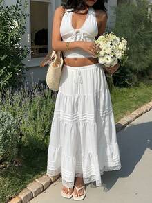 SHEIN EZwear Vacation Casual White Lace Patchwork Woven Skirt - White - View 5