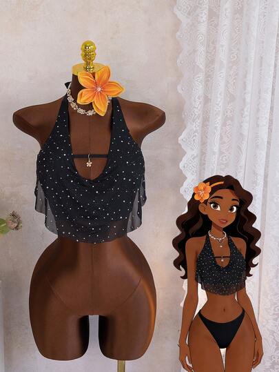  Zestiva-D Women's Black Background Starry Rhinestone Halter Swimwear Top, Halter Style With Chest Hollow Pendant Decor, Outer Flowing Rhinestone Fabric Embellished Beach Vacation Swimwear