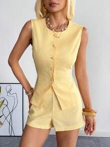 SHEIN EZwear Summer Outfits  Yellow Woven Casual Women's Vest And Shorts Set - Yellow - View 4