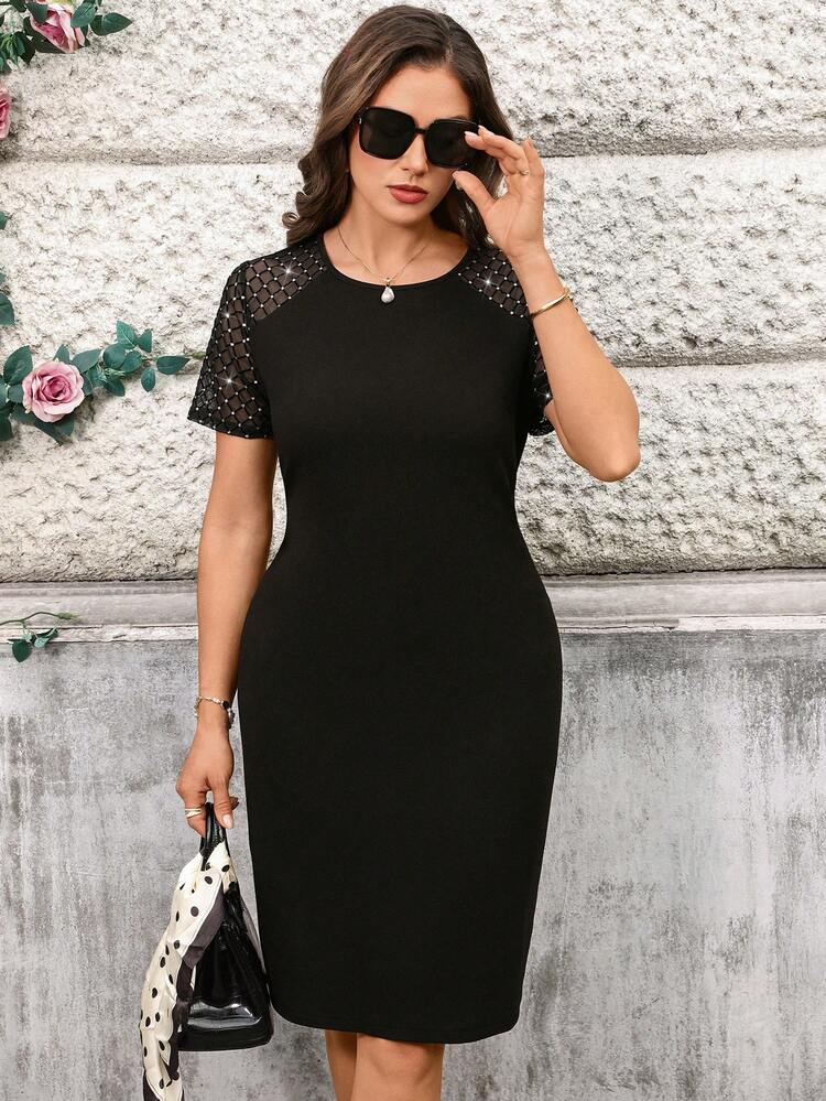 Plus Size Women Rhinestone Mesh Patchwork Short Sleeve Round Neck Fitted Elegant Dress For Summer/ Vacation Black Mesh Dress Black Elegant Dress Women Elegant Midi Dress Summer Outfits Beach Outfit For Women Summer Holiday Outfits Casual Outfit For Women, Summer Dresses