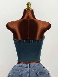 Mistrie 女士时尚街头风性感搭扣镂空露脐牛仔上衣，夏季 - 黑色 - 查看 2