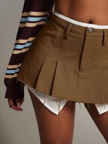 Denimoi 仿衬衫层叠超短迷你裙性感时尚裙 - 棕色 - 查看 2