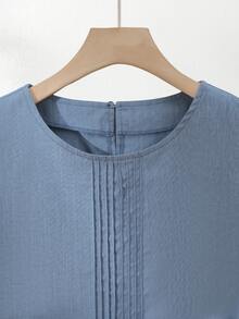 SHEIN Franclia 女士褶裥无袖A字型棉质衬衫 - 藍色 - 查看 3
