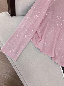 SHEIN LUNE 女士时尚金属银色透视圆领弹力长袖上衣 - 淺粉色 - 查看 4