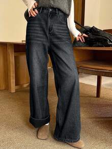 DAZY Quần jeans ống đứng lót giữ nhiệt dành cho nữ, quần jeans ống rộng dáng ôm cạp cao kiểu vintage, thích hợp cho mùa Thu/Đông. - màu đen - Xem 6