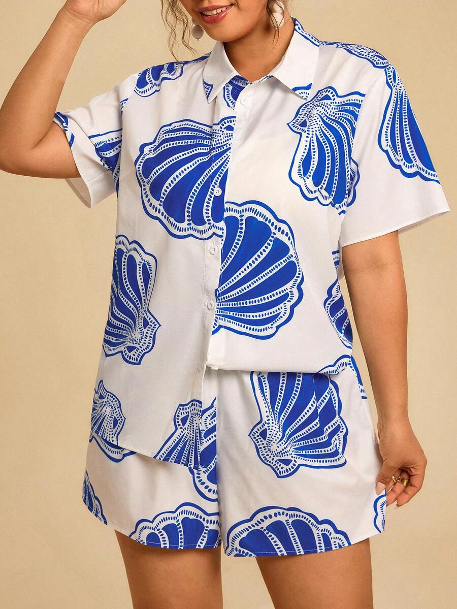 Travachic Bộ đồ đôi cỡ lớn dành cho nữ, phong cách nghỉ dưỡng nhiệt đới, boho, họa tiết vỏ sò, tay ngắn bất đối xứng và quần short đi biển, kiểu dáng boho. - Nhiều màu - Xem 1