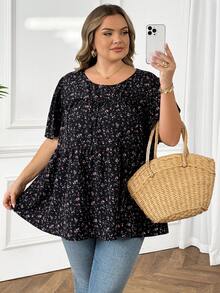 SHEIN CURVE+ 大码女式碎花圆领短袖休闲衬衫，夏季女装，度假女装，波西米亚风假日装，秋季女装，秋季服装，教师装 - 彩色 - 查看 6