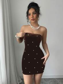 Elenzga 万圣节黑色无肩带珍珠腰天鹅绒优雅浪漫女装 - 咖啡棕 - 查看 3