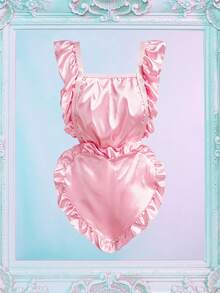 Fantasy Costume Fantasy Costume Tạp dề ngày Valentine, kiểu hầu gái, hình trái tim lớn, chất liệu satin, viền bèo nhún, xếp nếp, kiểu babydoll dễ thương, nhiều lớp, quà tặng lãng mạn, trang phục nội y nữ. - Hồng - Xem 5