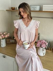 Snug Reverie Textured Jacquard Pom Pom Contrast Color Lace Patchwork V-Neck Ruffle Sleeve Single-Breasted Long Nightgown - Baby Pink - View 1