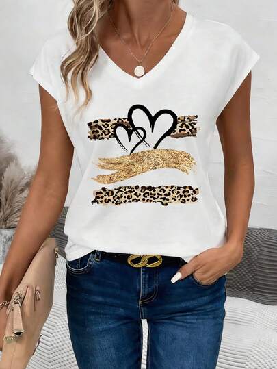 EMERY ROSE Leopard Print Heart Graphic V-Neck Short Sleeve Casual T-Shirt For Women