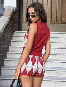 MainGRL Preppy Red Argyle Knit Two Piece Set,V-Neck Single-Breasted Crop Vest & High Waist Shorts,Red And White,Autumn,90s Retro,School,Back-To-School - Burgundy - View 2