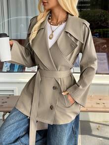 SHEIN EZwear 休闲百搭通勤米色梭织双排扣风衣