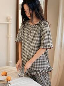 DAZY 少女格子短袖纽扣上衣和裤子睡衣套装 - 彩色 - 查看 5