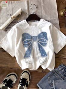 Camiseta gráfica con lazo brillante multicolor para niñas preadolescentes, diseño de cuello redondeado y hombros caídos - Multicolor - Ver 2