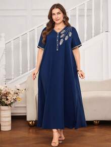 Al Najma Gaun Maxi Turki Wanita Ukuran Besar Lengan Pendek Bordir Warna Polos, Kaftan Tradisional Arab - Navy Blue - View 6