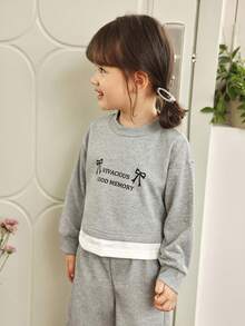 Genkimix Kids 2 件套女童韩版宽松花卉印花蝴蝶结装饰运动衫 - 灰色 - 查看 4