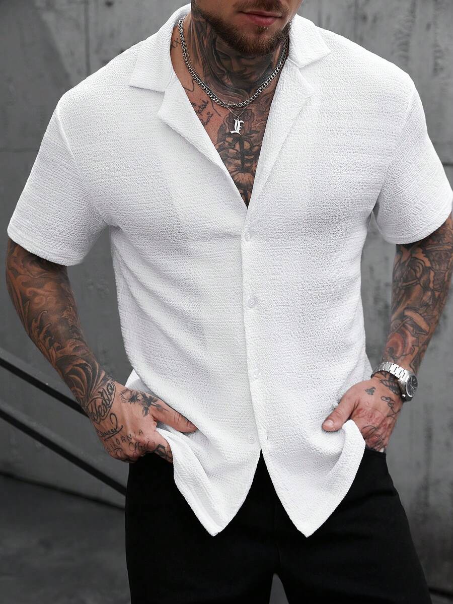 Manfinity CasualCool Men's Mandarin Collar Textured Casual Shirt - White - View 1