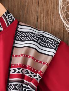 SHEIN Baby Girl Print Bubble Sleeve Dress With Shawl Collar, Elegant Casual Vacation Dress For Spring/Autumn - Burgundy - View 5